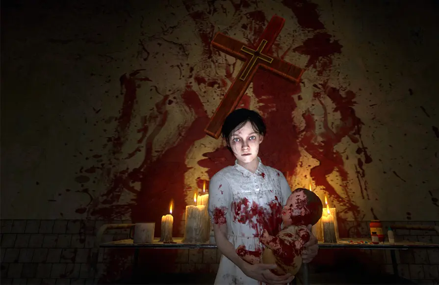 Une jeune fille tenant une poupée tachée de sang